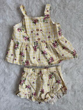 Petit Lem Yellow Gingham Pink Floral Baby  Tank & Shorts Set